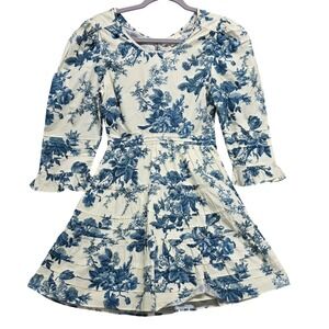LoveShackFancy Blue Floral Toile Cotton Tiered Ruffle Mini Dress Womens Size 0